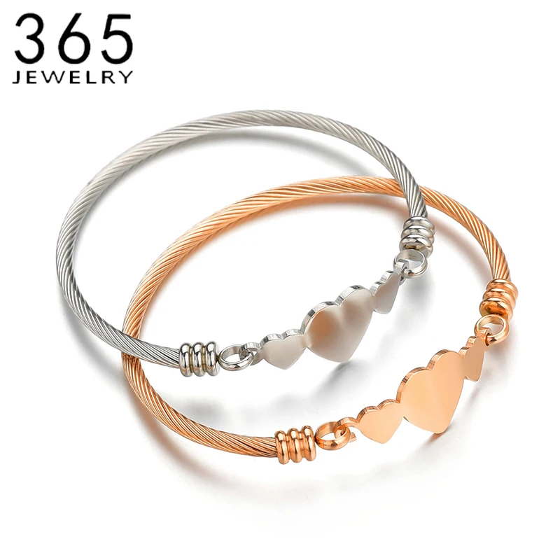 Trendy Stainless Steel Three Heart Cuff Bracelet Gold Silver Color Lady Girl Elegant Heart Bangle Party Wedding Jewelry