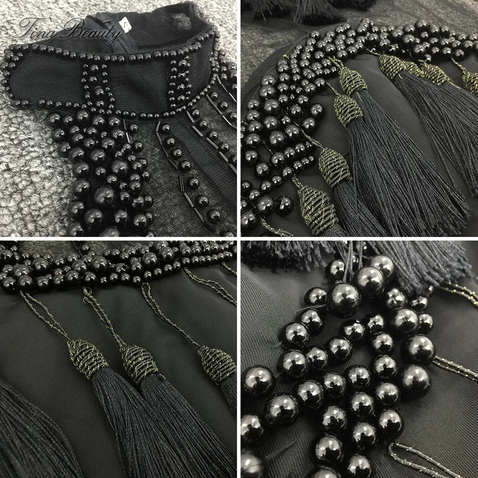 

Tina Beauty Halter Cold Shoulder Black Dress Graceful Beaded Tassel Mini Dress Sexy Mesh Fringe Bodycon Dresses