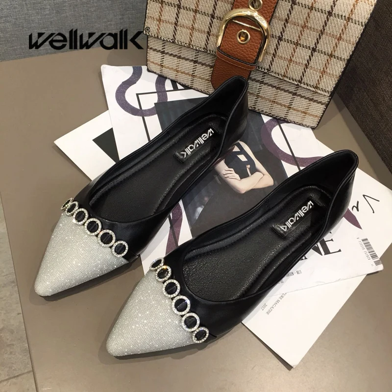 Туфли Wellwalk женские на плоской подошве, балетки с острым носком, блестящие, из искусственной кожи, без застежки, с цепочкой и кристаллами, разные цвета, на лето