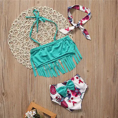 Детский купальник с бахромой для девочек синяя жилетка и милые цветочные шорты
