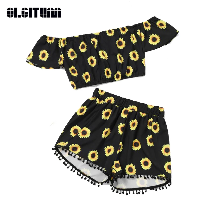 New 2020 Summer Female Sunflower Print One Shoulder Short Jacket Floral Slash Neck Tassel Shorts Women Suit WS127 |
