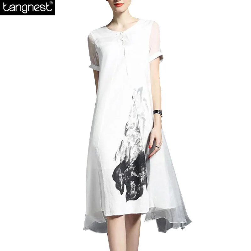 TANGNEST Лето Женщины Платье 2016 О-Образным Вырезом Узел Кнопка Цветочный Печати