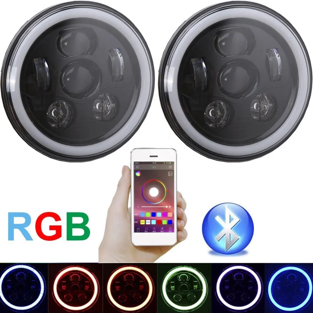 For Jeep Wrangler JK TJ Led Headlight RGB 7Inch 90W With Bluetooth Remote Control Music Model Halo Ring Angel Eyes | Автомобили и