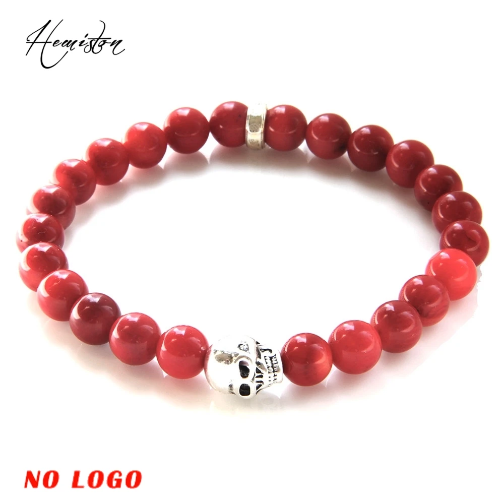 

Thomas Style Red Coral, Green Aventurine Beads Elastic Bracelet with Skull Bead, Fashion Jewelry Gift for Women Men TS B564