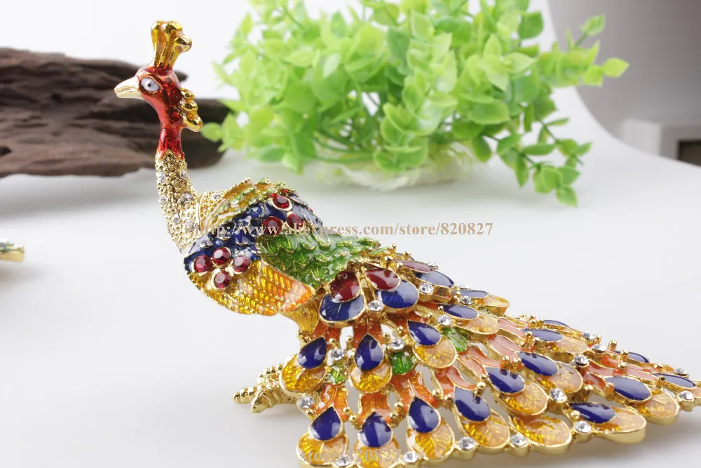 Nature Keepsake Box Trinket Painted Blue Yellow and Green Peacock Jeweled Enamel Metal Display | Украшения и аксессуары