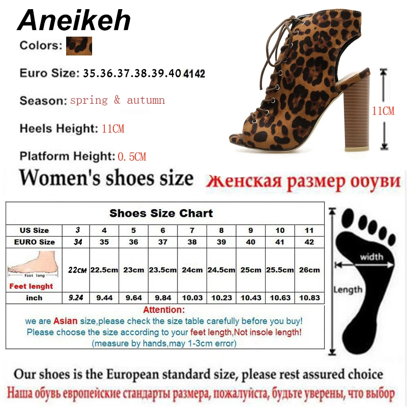 Aneikeh/ г. летние классические женские ботинки из флока с леопардовым принтом обувь для танцев на высоком квадратном каблуке с открытым носком на шнуровке, Размеры 35-42