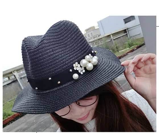 

dropshipping earl stereoscopic Pearl summer hat Stitching color Beach holiday straw sun hats for women summer style hat