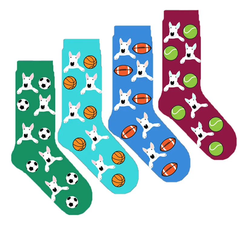 

novelty women bull terrier socks with football basketball rugby ball unisex bulterier dog mom socks gift original 50 pairs