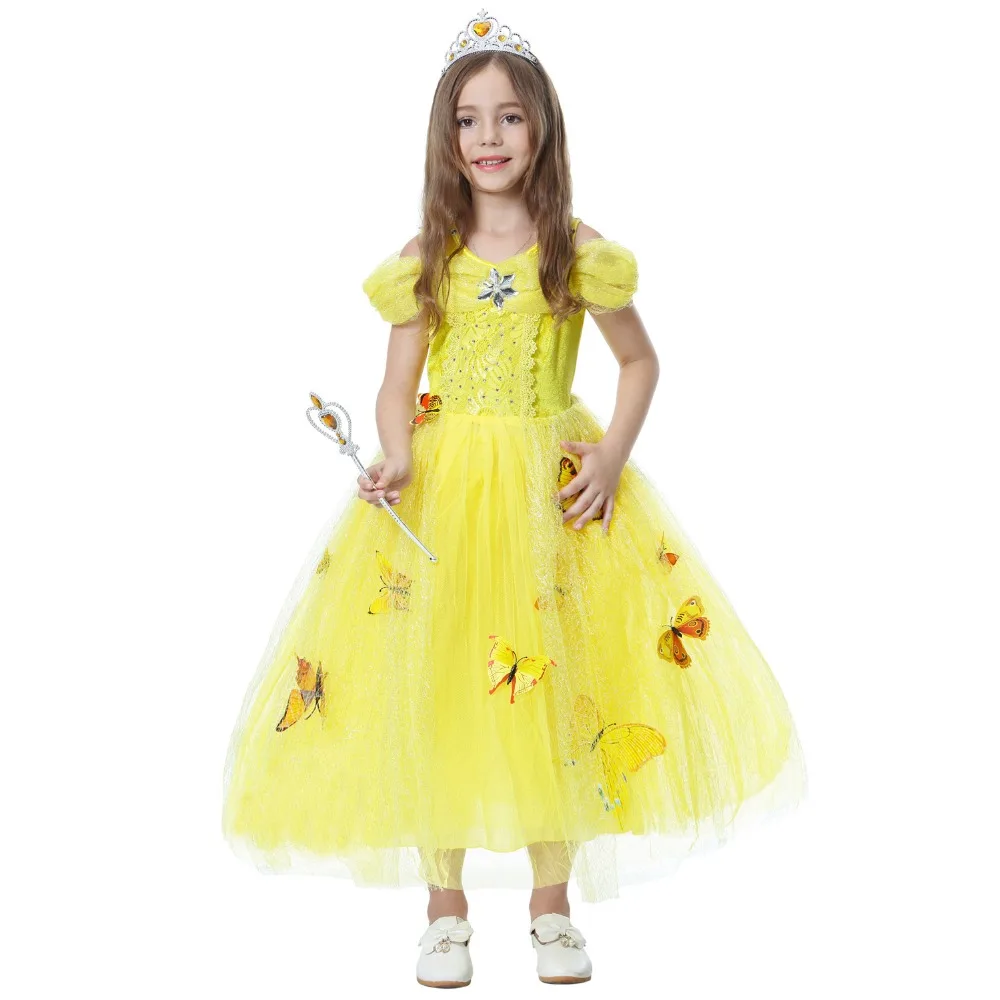 2019 Cosplay Belle Princess Dress Girls Dresses For Beauty and the beast Kids Party Clothing Magic stick crown Children Costume |