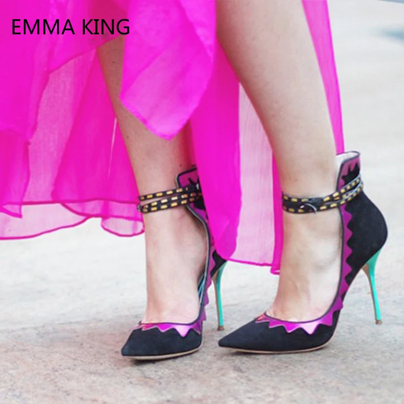 Женские туфли гладиаторы черные из флока с острым носком на шпильке ремешком