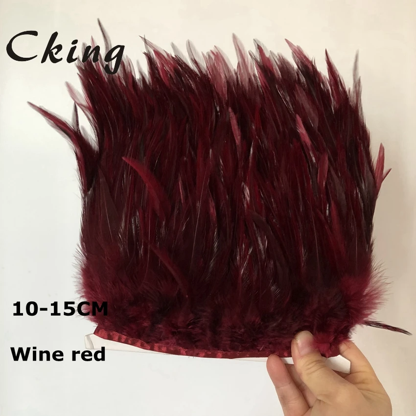 

CKing 10 Meter Wine Red Cock Feathers Trim Cloth Sideband 4-6inch Chicken Pheasant Feather Trims Clothing Wedding Feather Ribbon