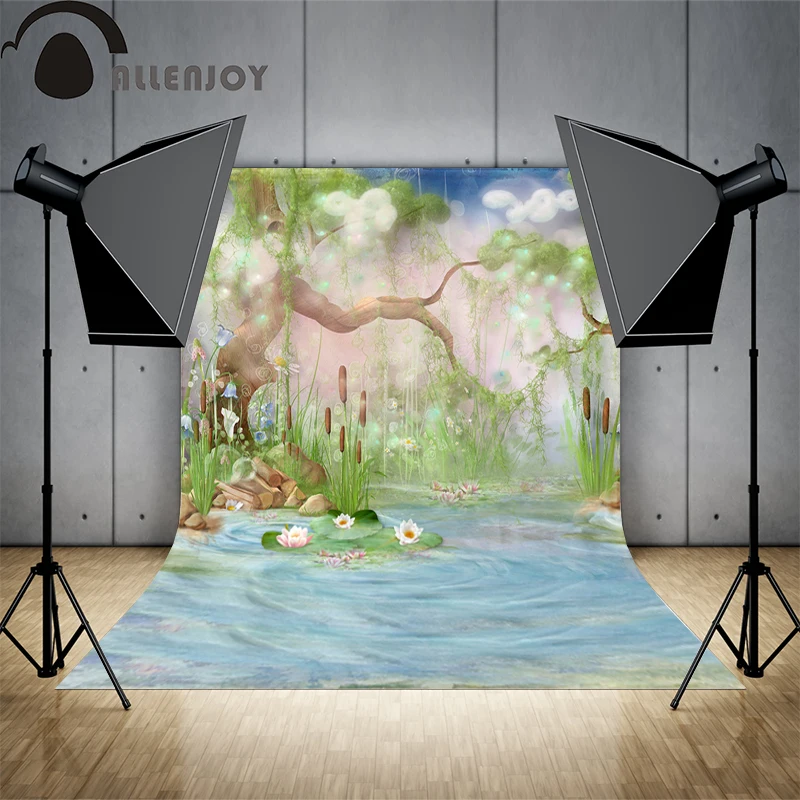 Allenjoy весенний Фотофон с изображением дерева реки лотоса огненной мухи детей