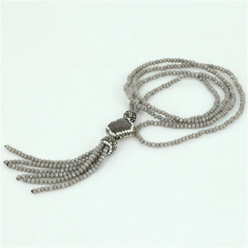 

bohemia grey square stone connector pave rhinestone 2mm bead beaded tassel jewelry dangle pendant necklace for women