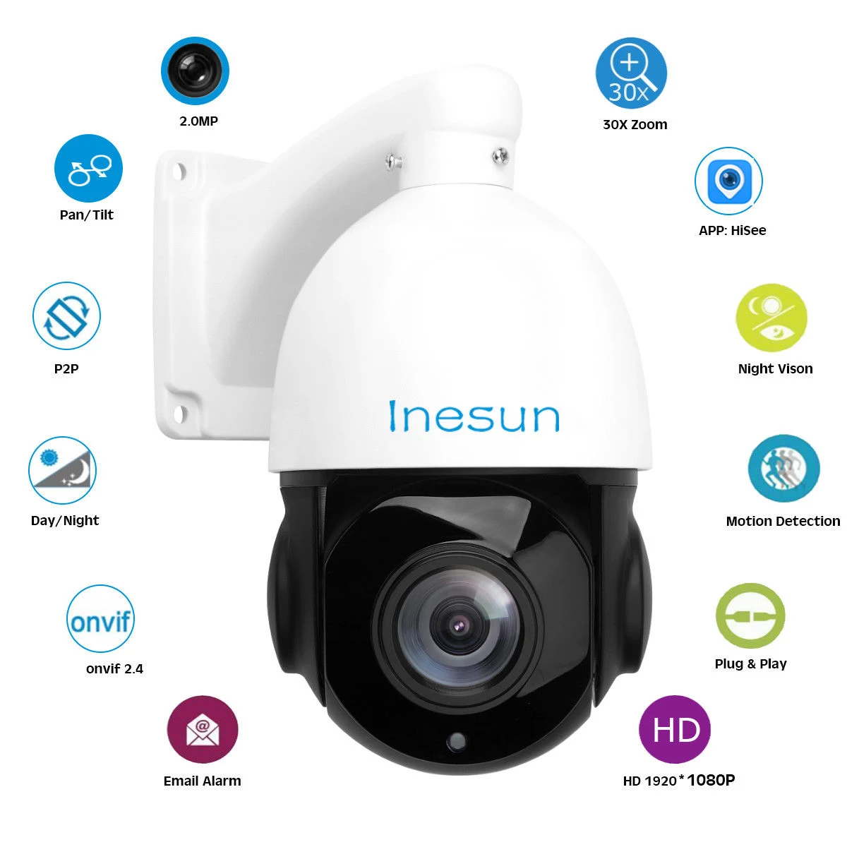 Inesun Открытый PoE PTZ IP камера 2MP 1080P 30x оптический зум PTZ камера водонепроницаемая Поддержка обнаружения движения 300 футов ИК ночного видения