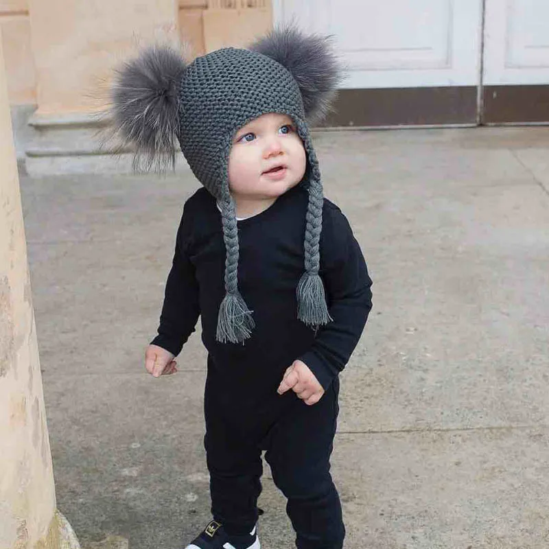 Милый детский 2 маленьких из меха енота бейсболка ухо коса|raccoon ears|braided braidbraided cap |