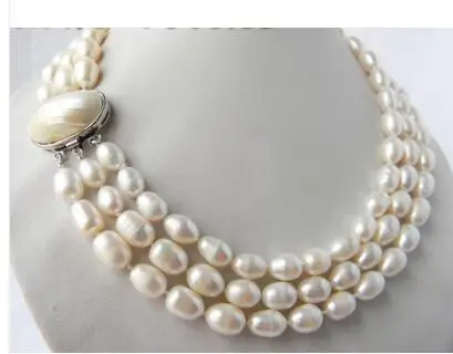 

Wholesale Lovely Charming Jewelry 3Strands 18'' 9.5mm White Rice Freshwater Pearl Necklace Bridal Jewelry
