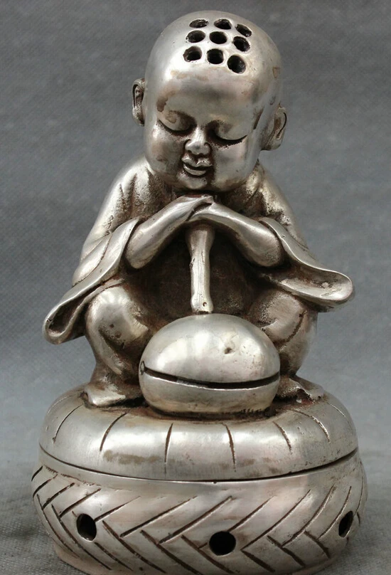 song voge gem S4235 Chinese Silver Buddhism Pray Kid Monk Buddha Statue Box Incense Burner Censer |