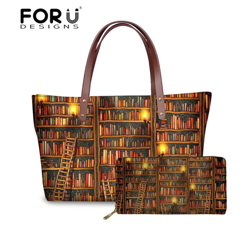 FORUDESIGNS/библиотеки книги печать сумки для женщин Ретро стиль ручная сумка дамская