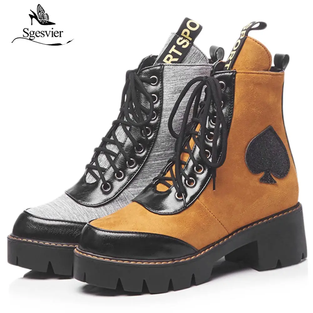 Sgesvier women's motorcycle riding ankle boots punk western style heart shape platform laced up short plush winter OX983 | Обувь