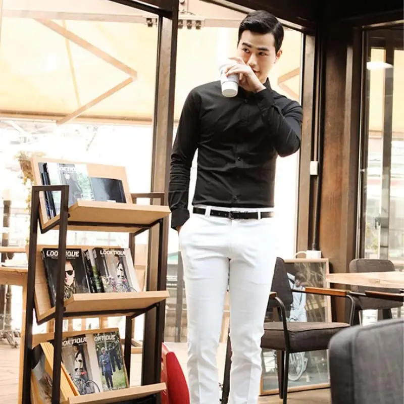 Мужская рубашка-Новинка чистого черного цвета с длинными рукавами рубашка