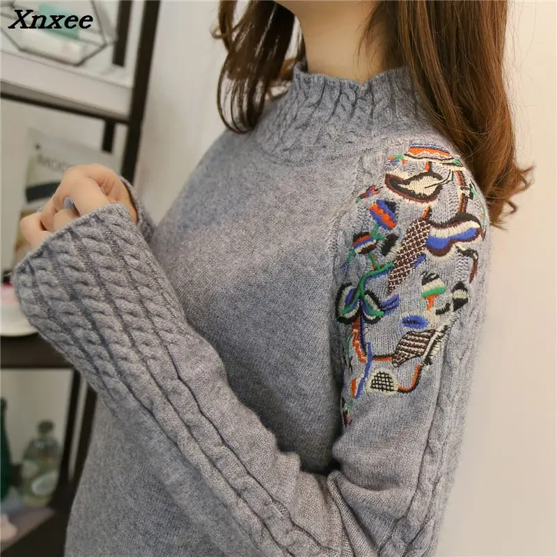 

female half turtleneck sweater female sleeve head embroidery twist loose all-match long sleeved bottoming sweaters Xnxee