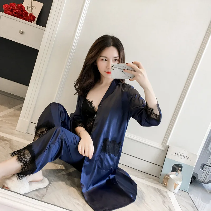 Пижама из трех предметов осенняя Женская Сексуальная Ночная одежда Черная