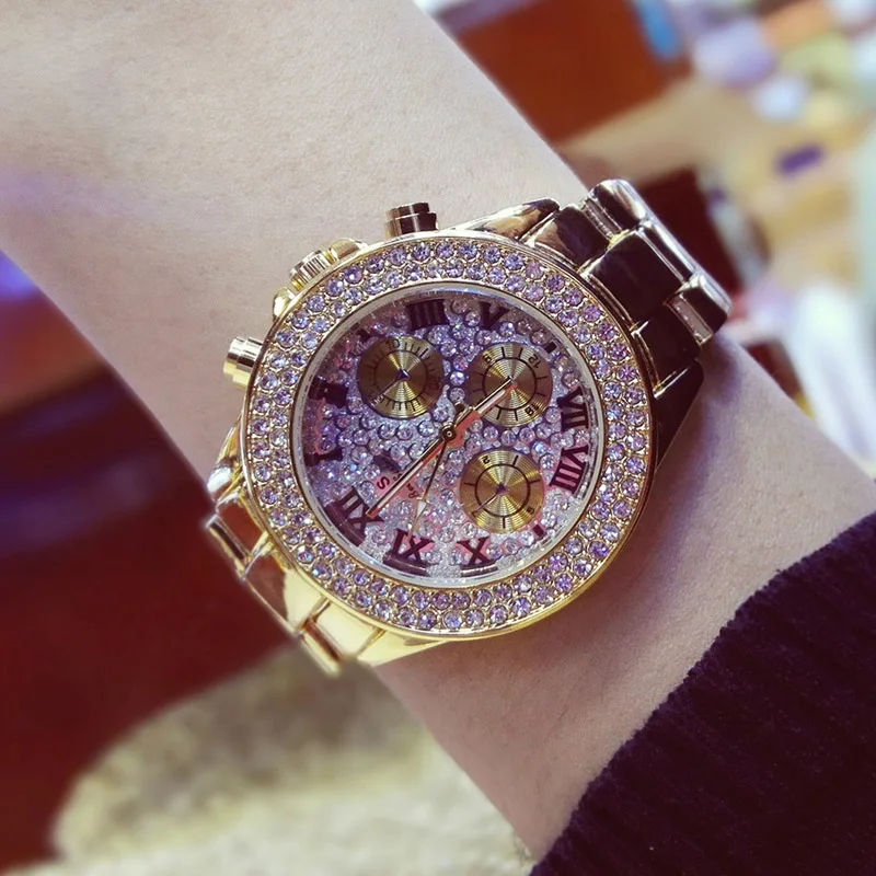 

New Arrivals Famous Brand BS Full Diamond Three Eyes Big Dial Watch Lady Dress Watch Bling Crystal Bangle Business Watches
