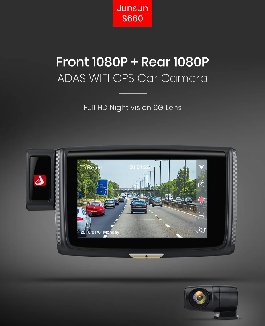 Junsun S660 HD фронтальная 1080P+ Rear1080P 60fps Автомобильная dvr камера Wi-Fi камера ночного видения видеорегистратор