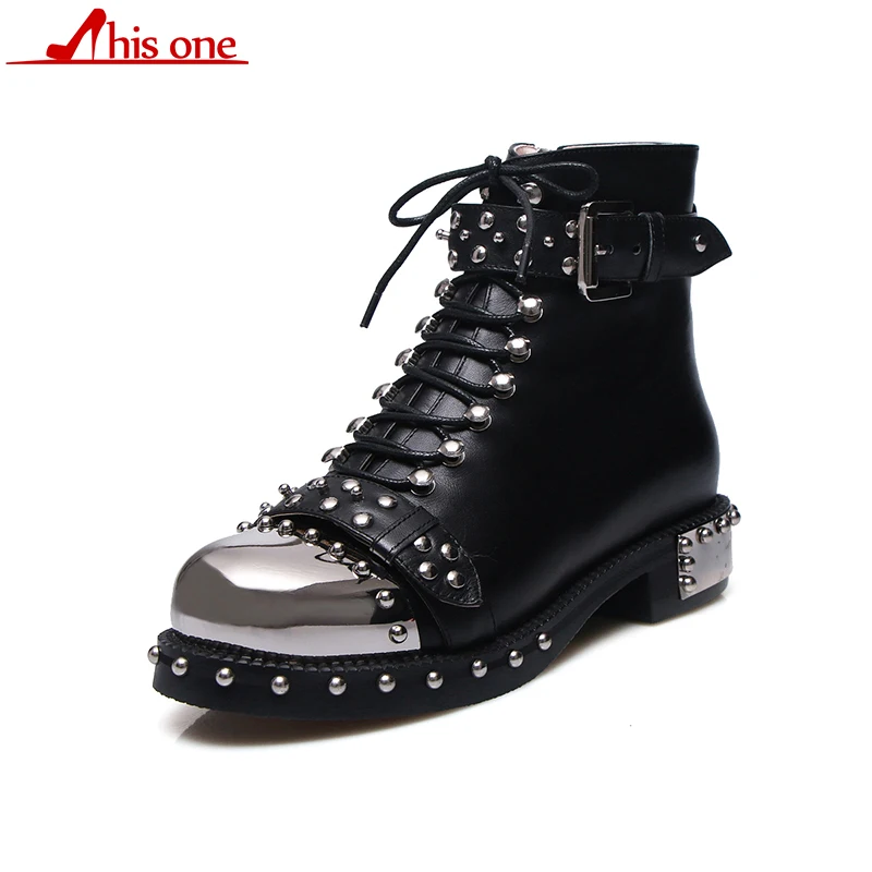Эти ботинки из натуральной кожи в стиле панк женская обувь с заклепками и пряжкой