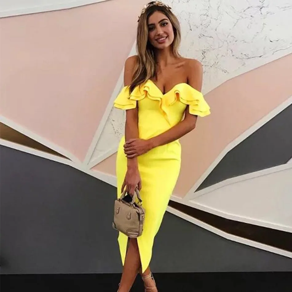 Женское Бандажное платье с открытыми плечами оборками черно белое желтое