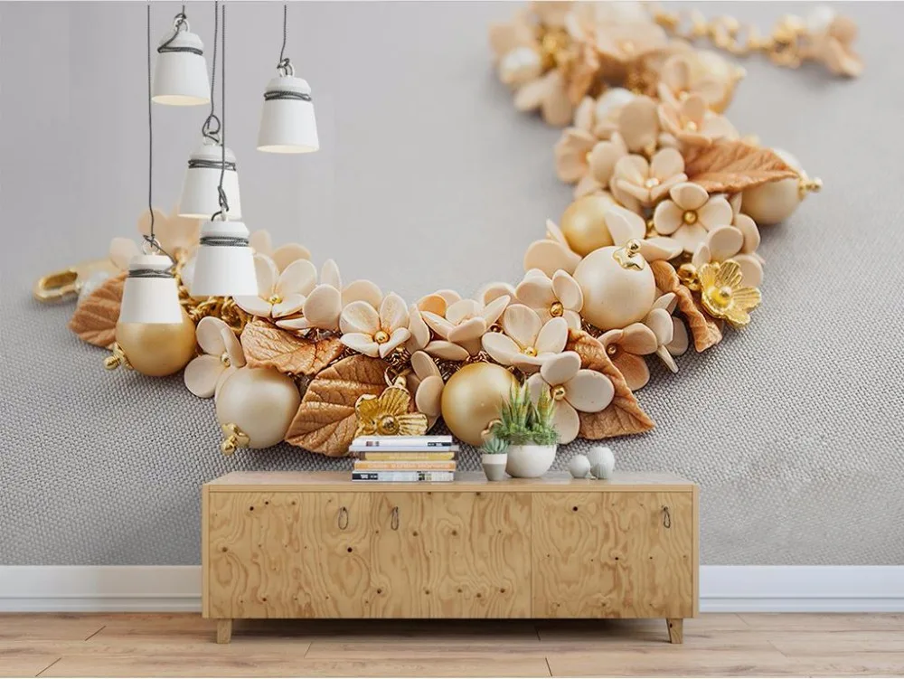 

3d обои, фотообои на заказ, роспись в гостиную, золотые украшения, цветы, 3d живопись, диван, ТВ, фоновые обои на стену 3d