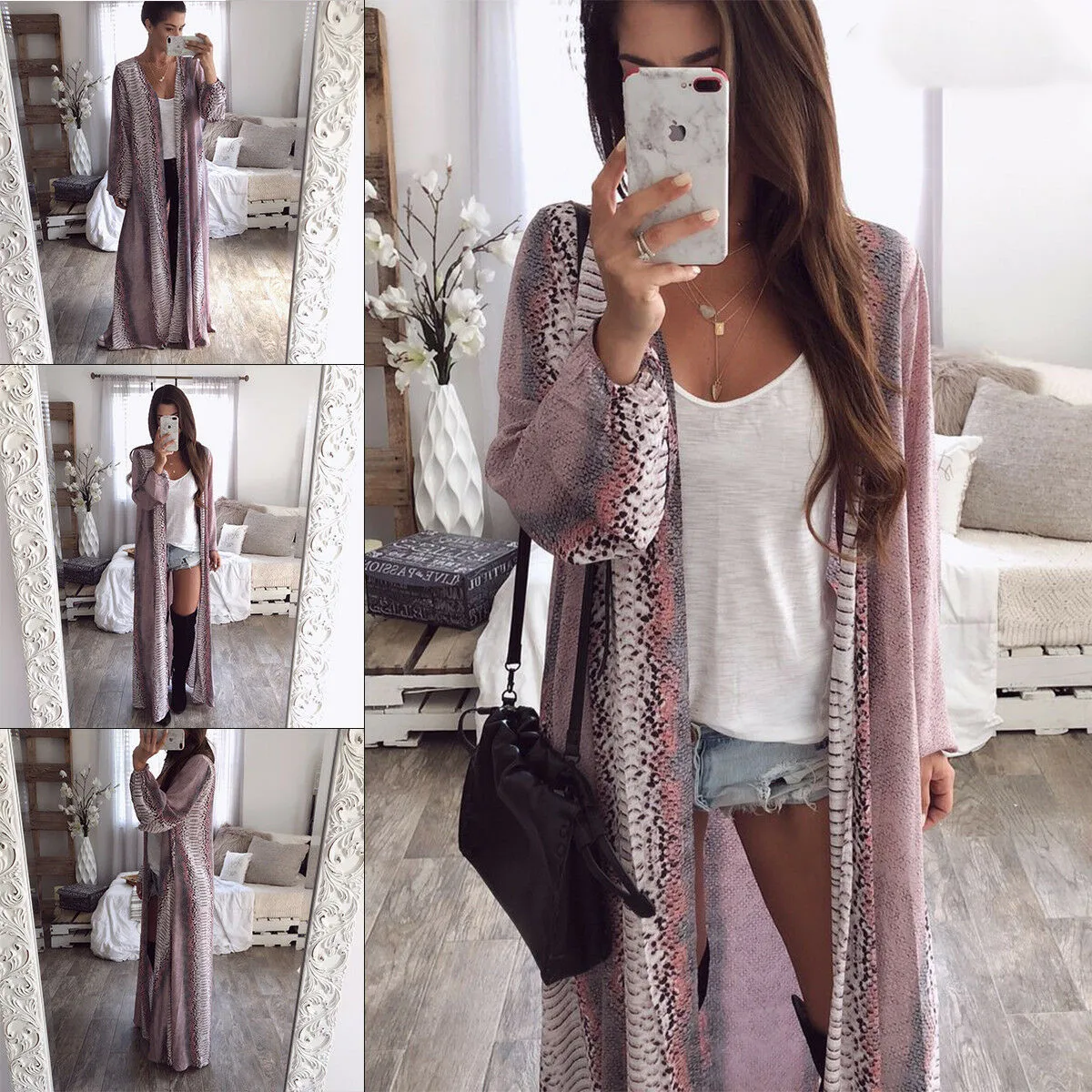 2019 Newest Womens Long Sleeve Snake Chiffon Cardigan Boho Outwear Jacket Coat Tops Gown | Женская одежда