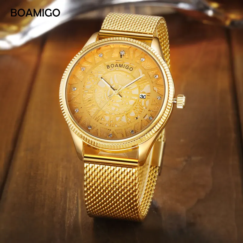 Мужские кварцевые часы BOAMIGO брендовые роскошные золотые мужские нарядные со