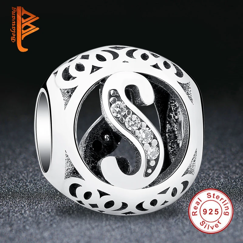 100% 925 Sterling Silver Letter Alpahbet &quotS&quot Crystal Charm Beads Fit Original BW Bracelet Pendants Authentic Jewelry Making |