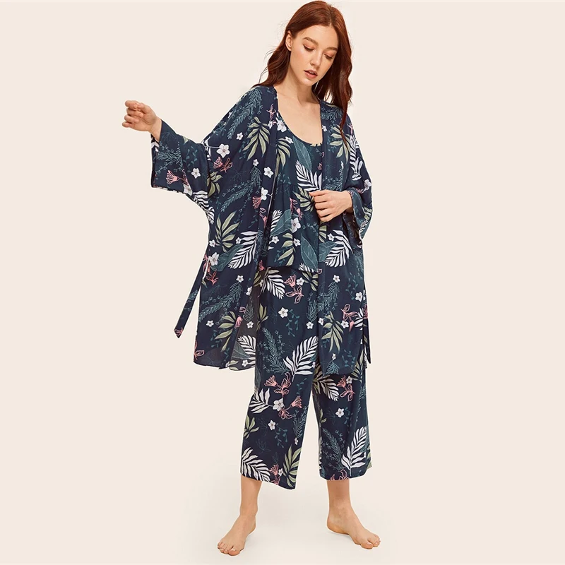 Dotfashion/пижамный комплект на бретельках с цветочным принтом и халатиком; коллекция года; летние пижамы для женщин; Женская Повседневная Весенняя Домашняя одежда с длинным рукавом