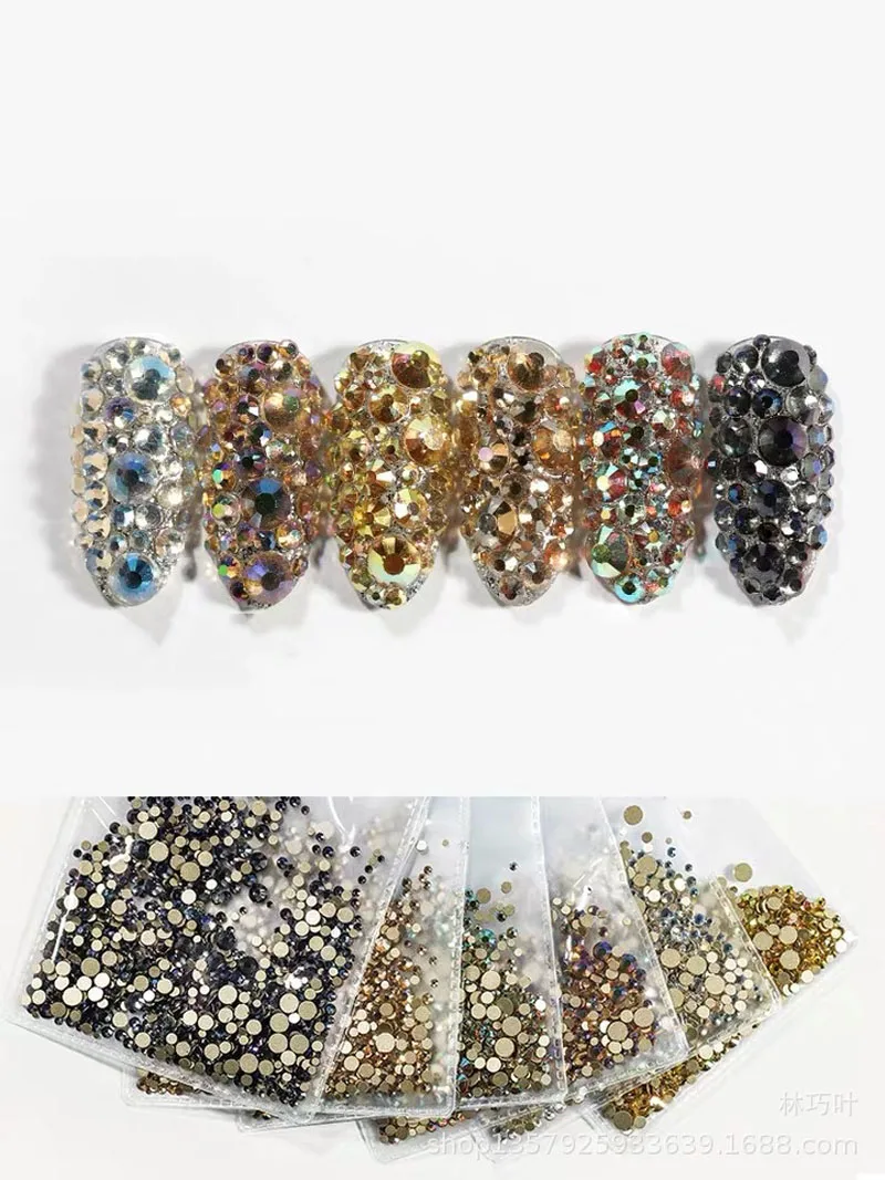

1440pcs Mix 6 Size Shine Crystal AB Glass Nail Rhinestone Flat Back Round Nail Decoration Stones Non Hotfix Strass Diamond,HJ&41