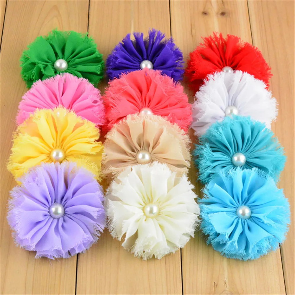 

40pcs/20 colors rhinestone center shabby ballerinas chiffon flower beaded fabric chiffon ruffled flowers with pearl