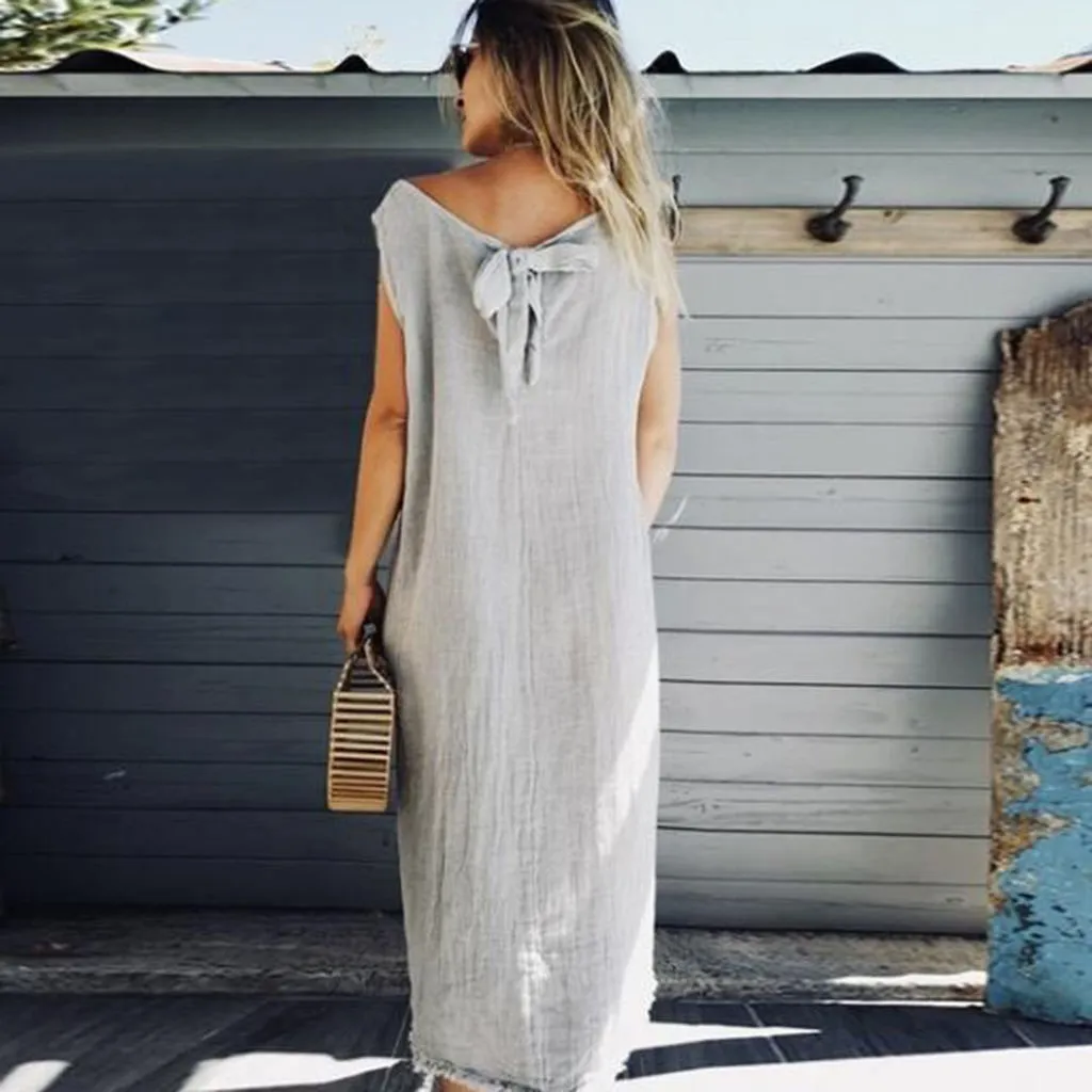 Женское платье майка без рукавов хлопковое льняное с бантом и кисточками