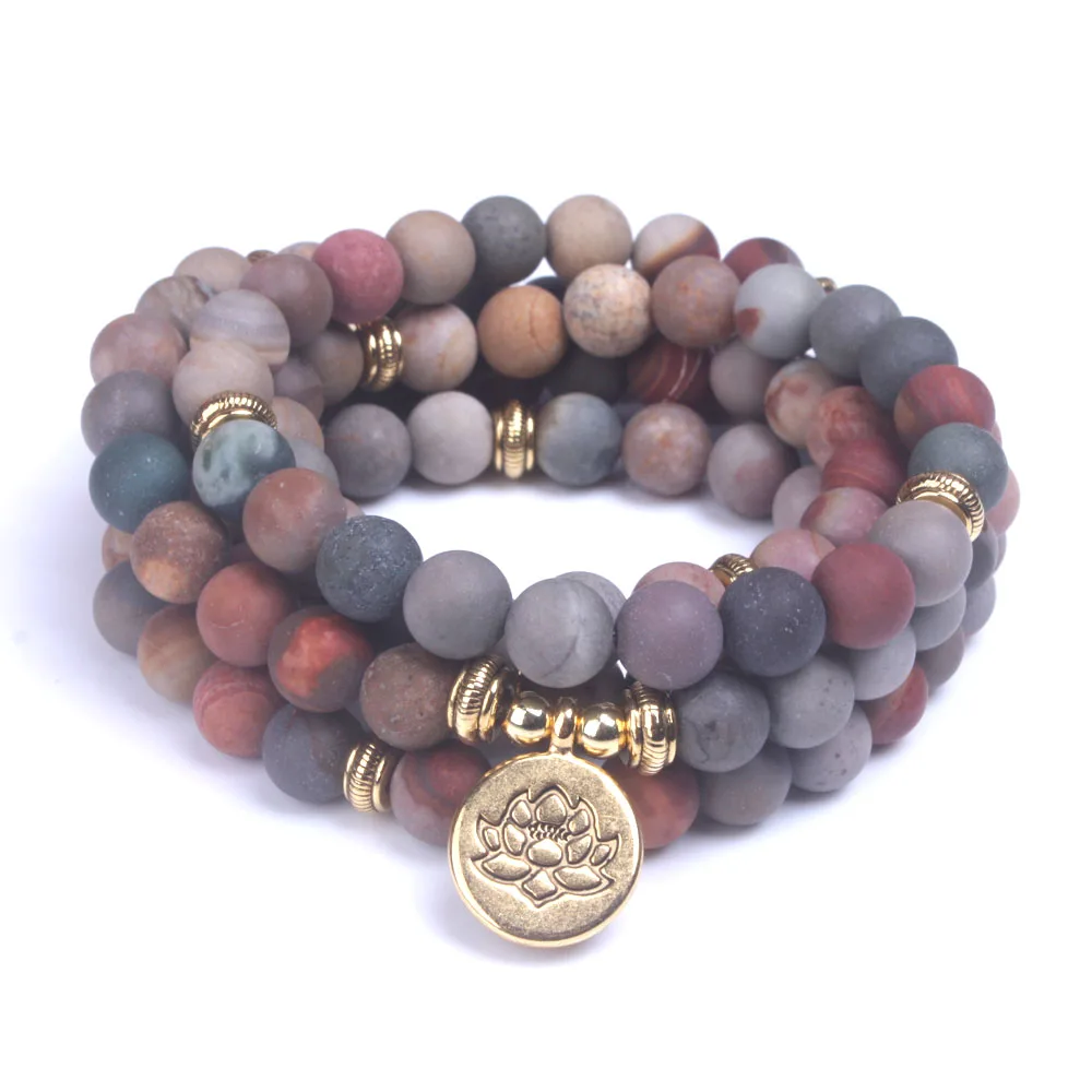 Модные женские браслеты матовый камень океана 108 бусин Strand браслет Yoga Jewelry Lotus OM