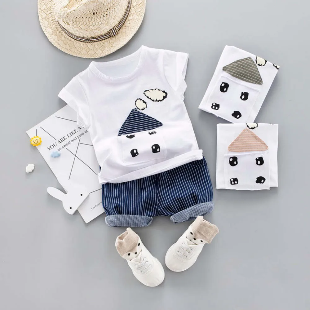 Baby Boy Clothes Cartoon Striped Print Tops Denim Shorts Set 2PCS Outfits Sets Summer Cotton Dropshipping | Детская одежда и обувь