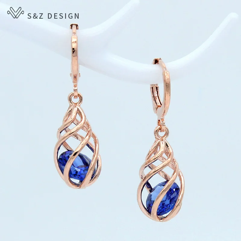 Spinel blue S& Z 585 розовое золото спиральные полые капли воды Висячие серьги с цирконием для женщин подарок антиаллергенные текстурные украшения серьги для вечеринок - Окраска металла: Spinel blue