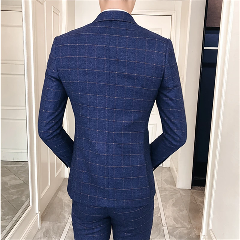 Высокое качество мужской Клетчатый комплект из 3 предметов синий черный серый