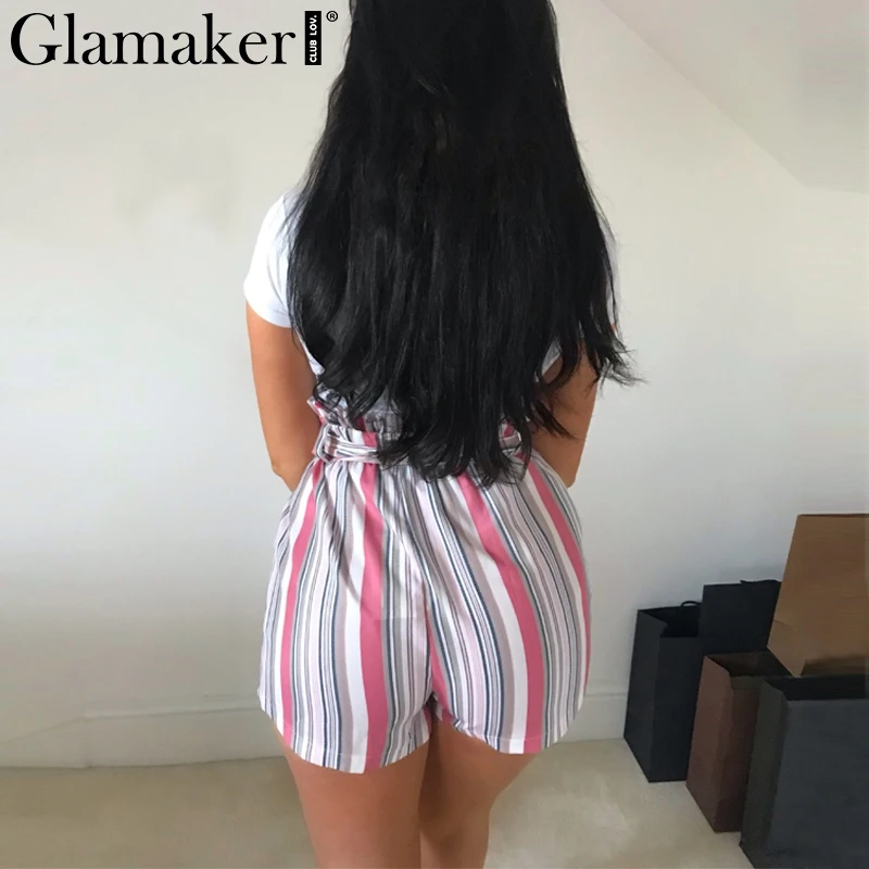 Женские шорты с высокой талией Glamaker свободные весенние в полоску оборками и