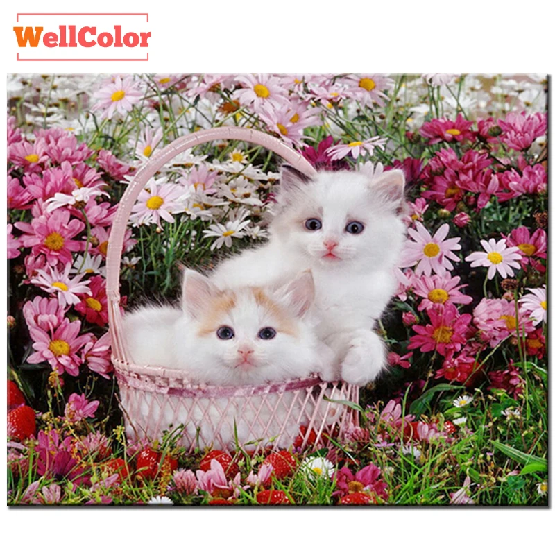 RUBOS узор горный хрусталь Алмазная вышивка две белые кошки в маргаритке Полный