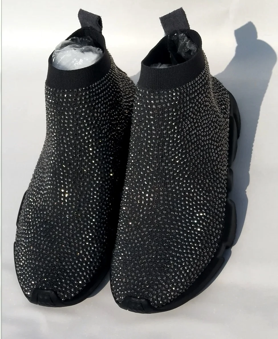 

Elastic Stockings Sports Men And Women Models Black Short Neck Flat Bottom Handmade Rhinestone Sports shoes Knit Socks Size34-45