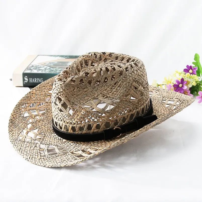 GEMVIE новая соломенная западная ковбойская шляпа для женщин Cowgirl летние шляпы для солнцезащитная Кепка для девушек с кожаный с бисером ремень пляжная кепка Панама