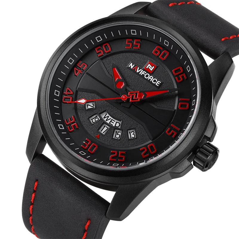Black Red Роскошные Брендовые мужские модные повседневные часы NAVIFORCE, мужские кварцевые часы с кожаным ремешком, армейские военные спортивные наручные часы NF9124 - Цвет: Black Red