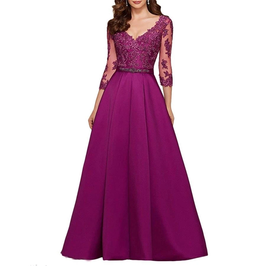 

Purple 3/4 Long Sleeves Mother Dresses 2019 Elegant Lace Appliqued Long Formal Party Dress Illusion V-Neck Satin Prom Gowns