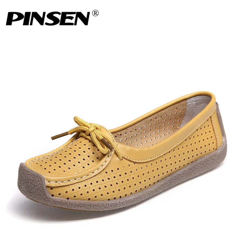 PINSEN 2020 Summer Women Flat Shoes Woman Genuine Leather Ladies Cutout Loafers Lace Up Ballet Flats Oxford Boat | Обувь