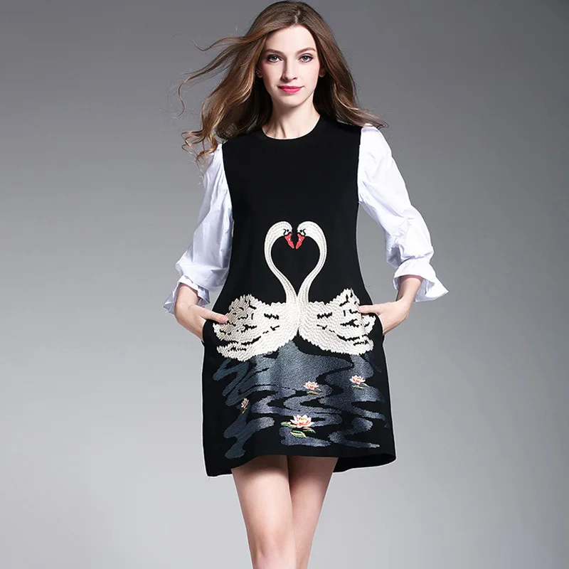 Женское винтажное платье с длинным рукавом черное или белое свободное